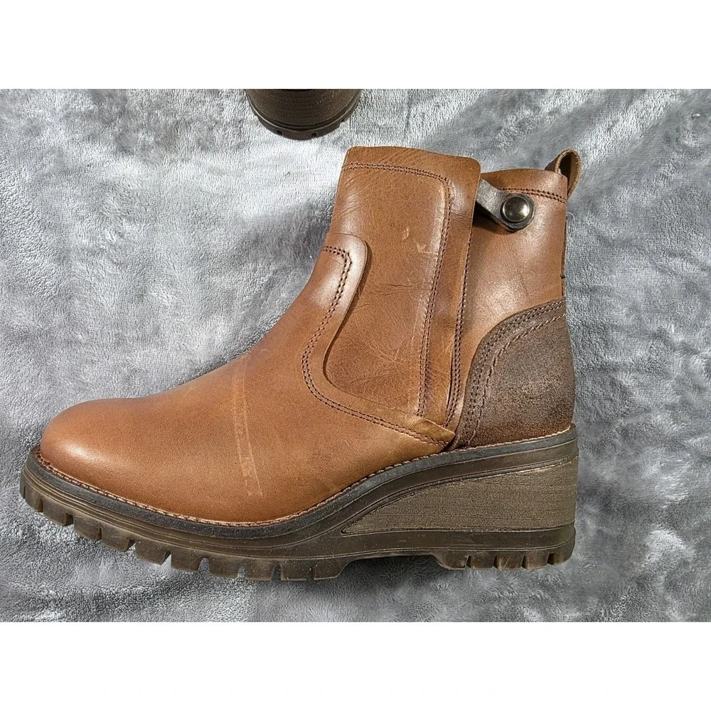 BullBoxer Sz 10 Dorian Ankle Zip Chunky Wedge‎ Leather Boots Brown Cognac